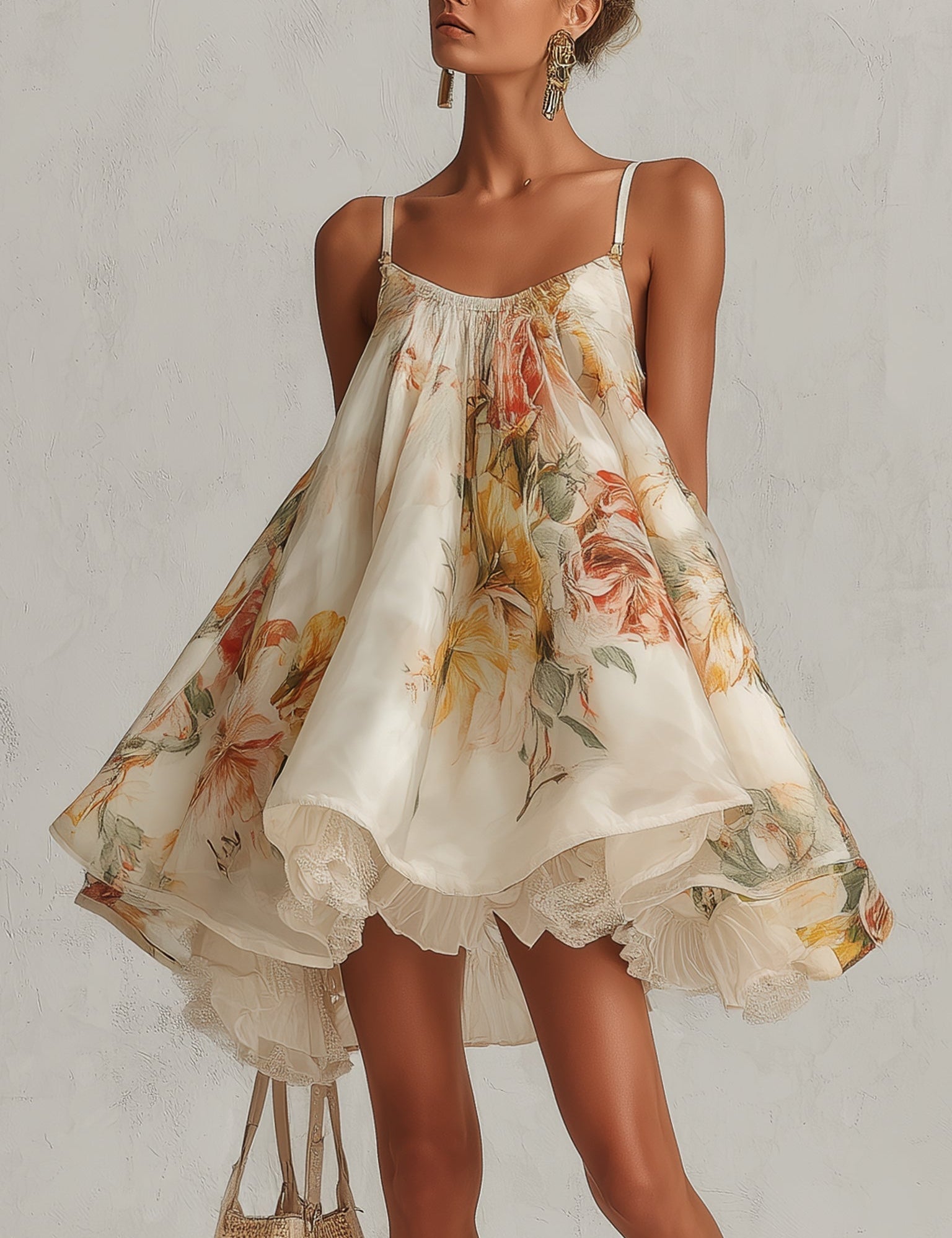 Blanche - robe mini trapèze en organza fleurie beige pour femme