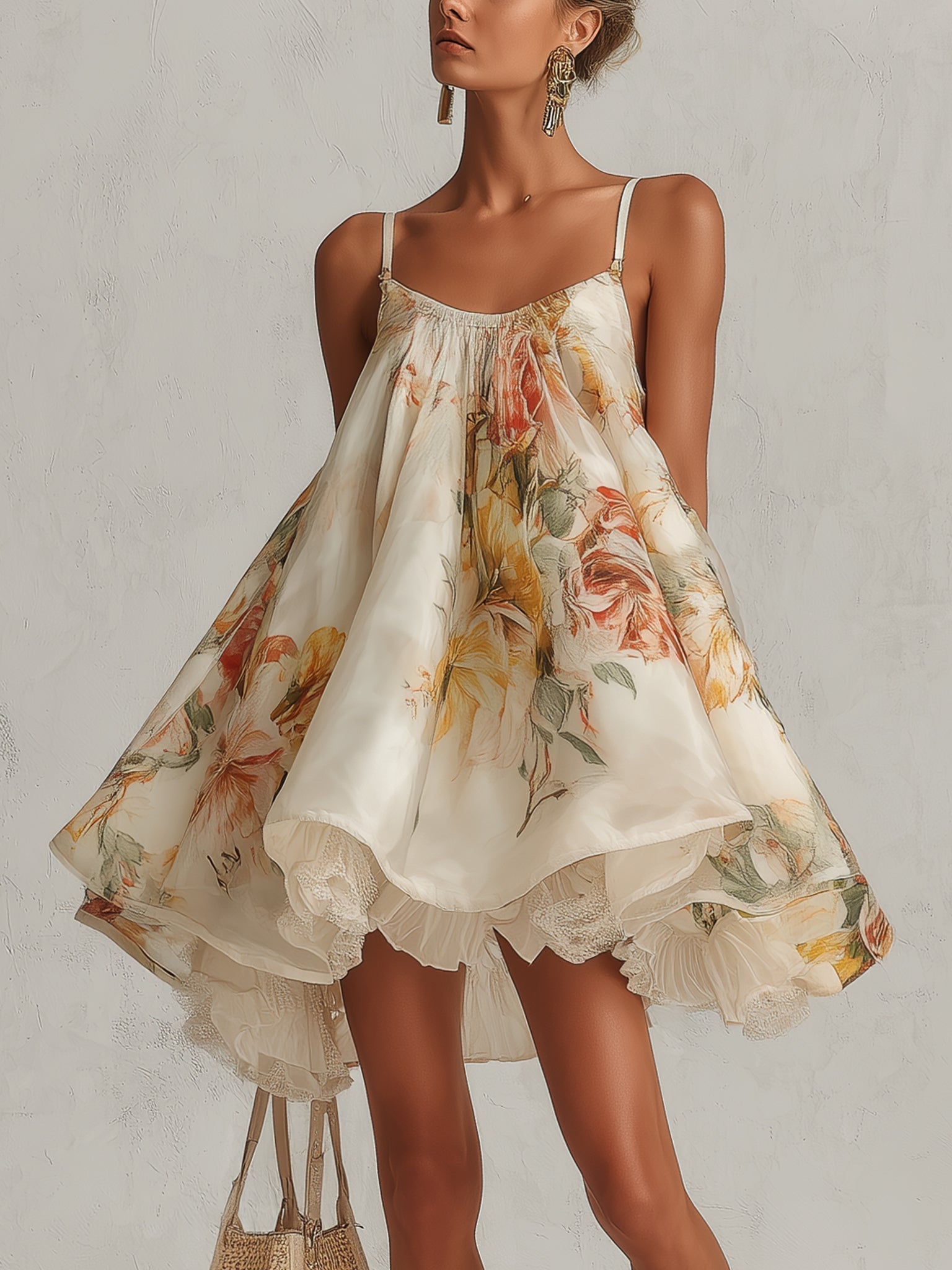 Blanche - robe mini trapèze en organza fleurie beige pour femme
