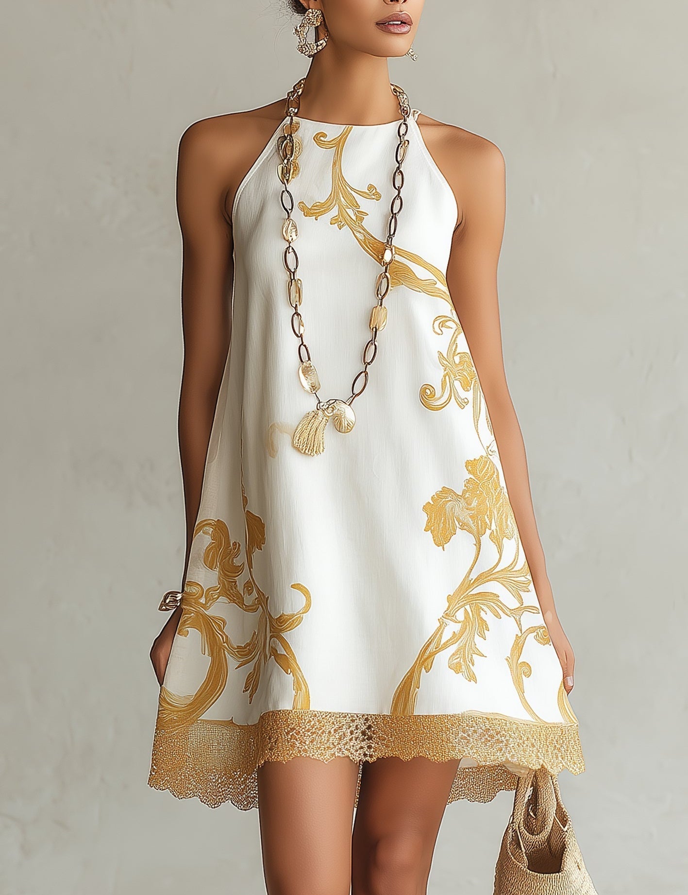 Héloïse - robe mini blanche à motifs dorés pour femme