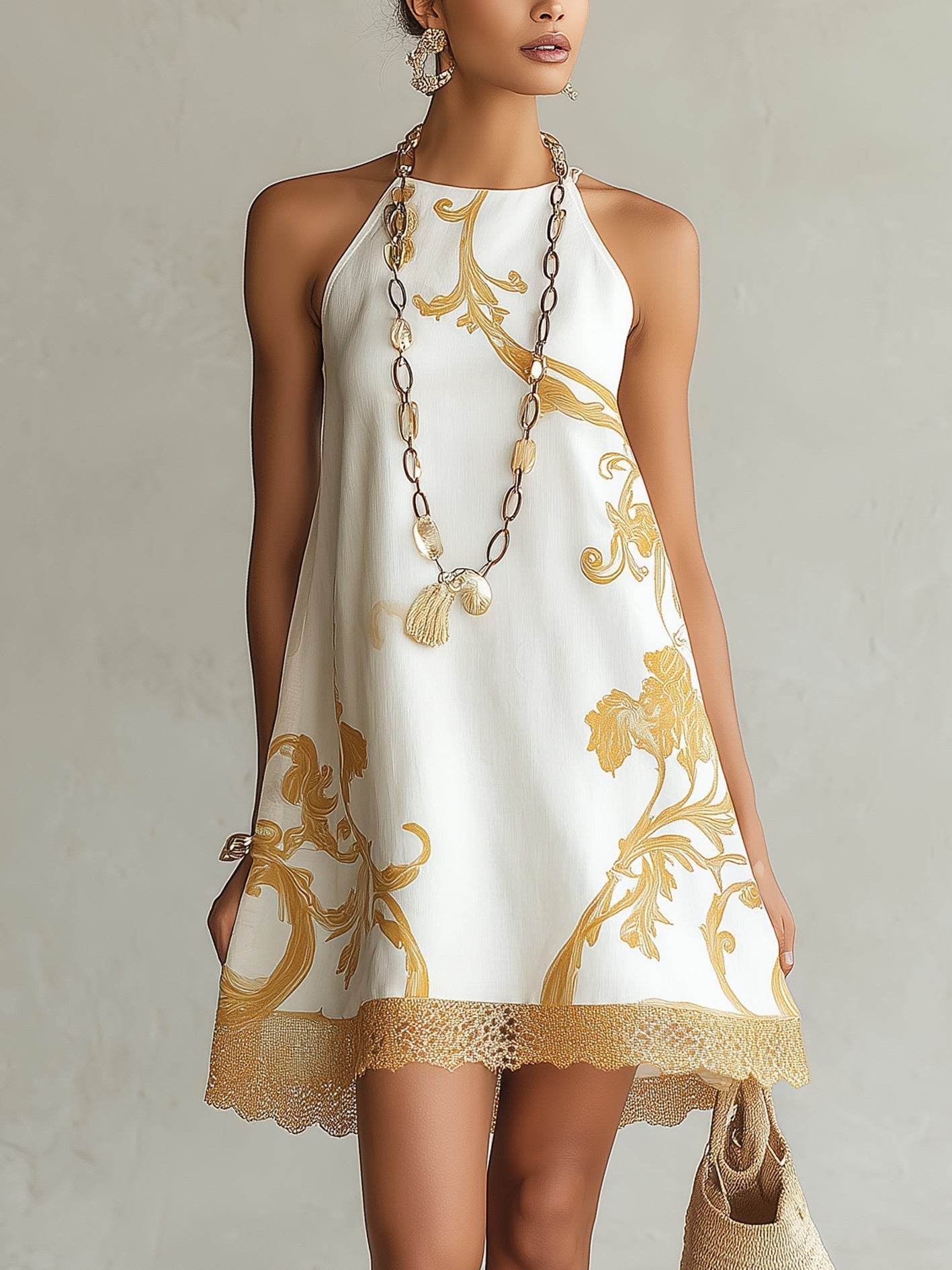 Héloïse - robe mini blanche à motifs dorés pour femme