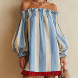Ondine - robe mini rayée bleu et blanc à épaules dénudées pour femme