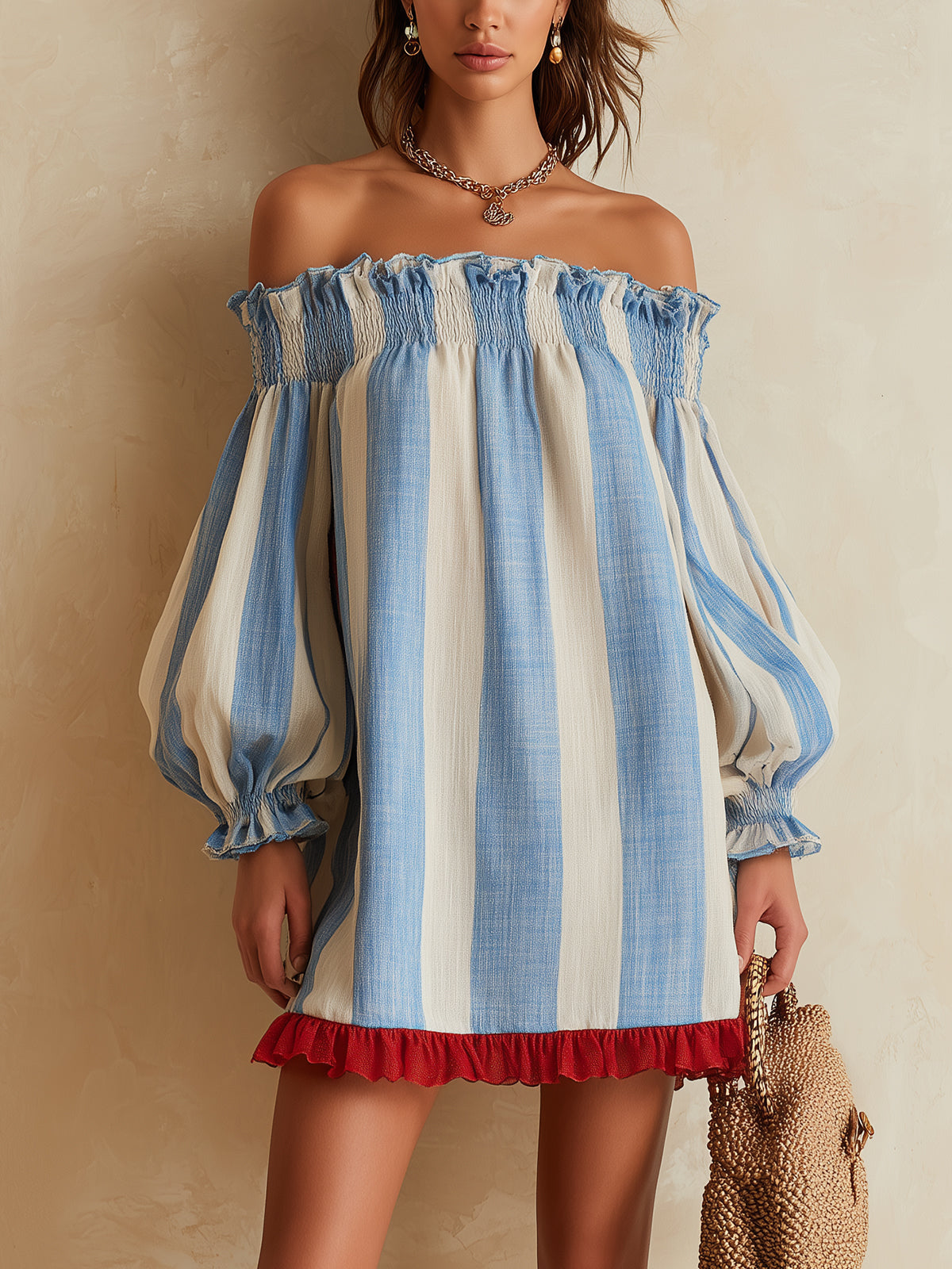 Ondine - robe mini rayée bleu et blanc à épaules dénudées pour femme