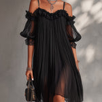 Camille - robe mini en mousseline noire à épaules dénudées pour femme
