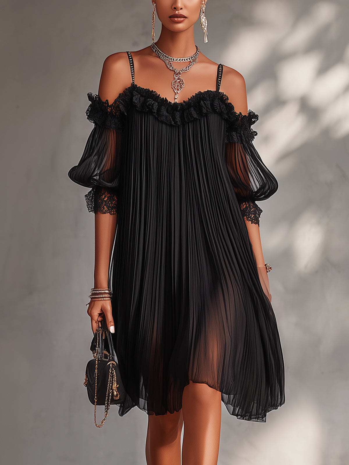 Camille - robe mini en mousseline noire à épaules dénudées pour femme