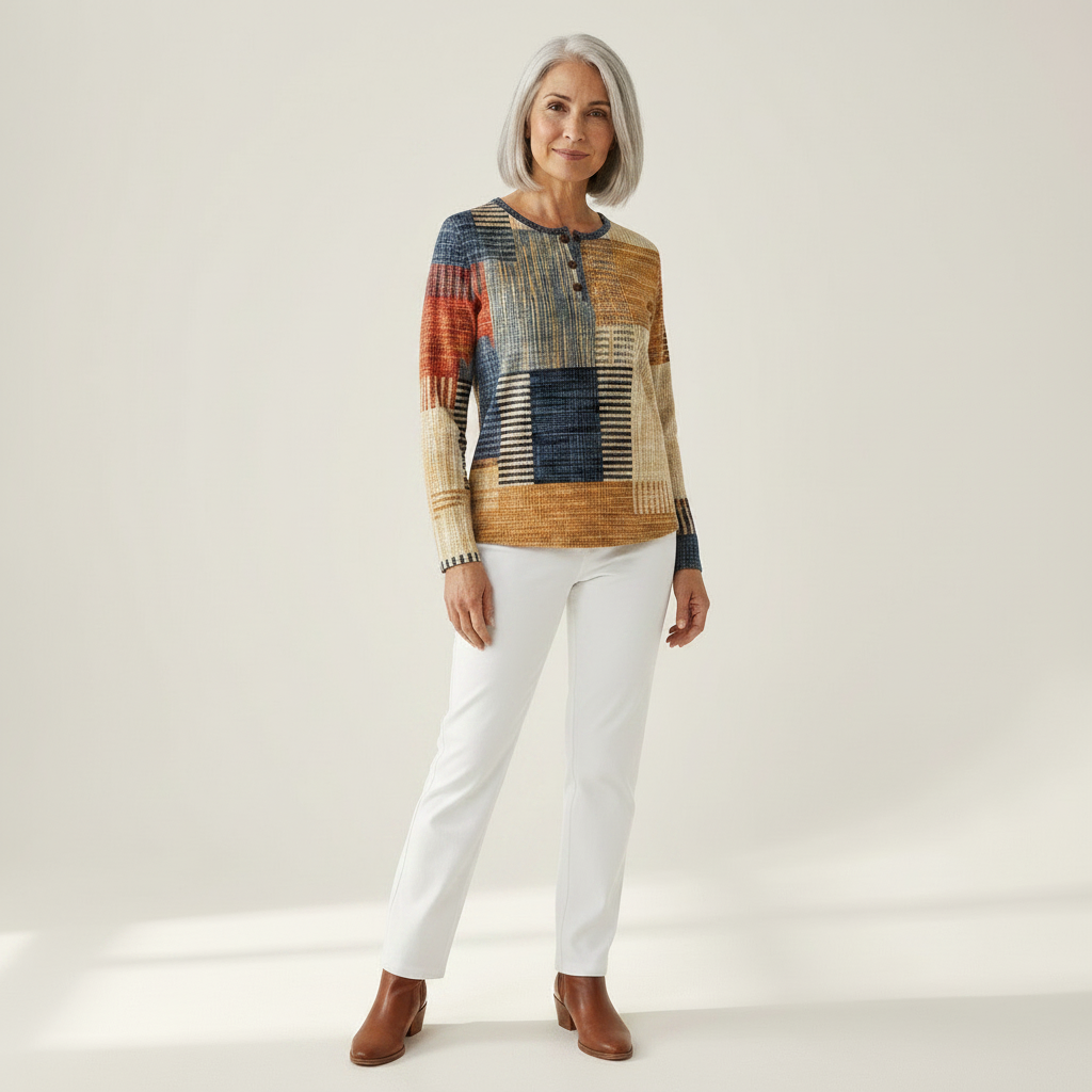 Thea - Pull patchwork ocre et bleu - vue rapprochée