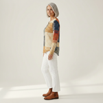 Thea - Pull patchwork ocre et bleu - détail du tissu