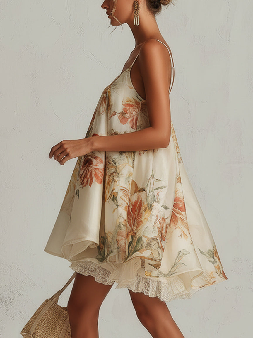 Blanche - robe mini trapèze en organza fleurie beige pour femme - vue 2