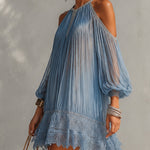 Séraphine - robe mini bleue à épaules dénudées et ourlet en dentelle pour femme - vue 2