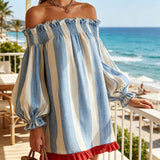 Ondine - robe mini rayée bleu et blanc à épaules dénudées pour femme - vue 3