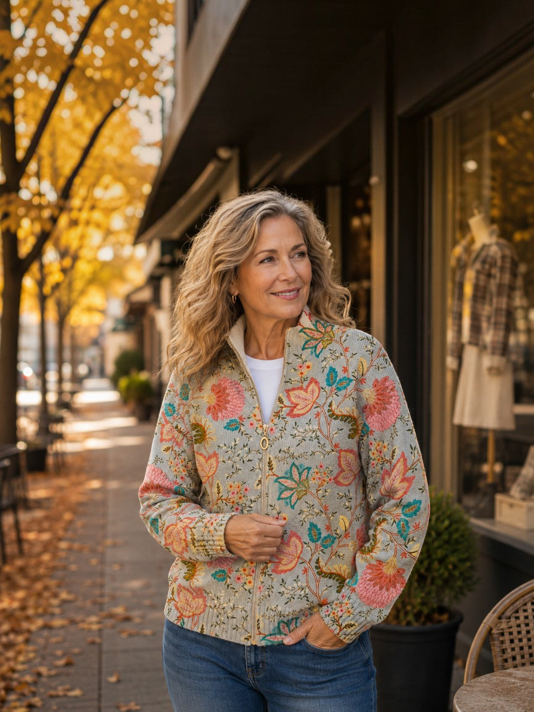 Petra : gilet avec motif floral de jardin, vue détaillée