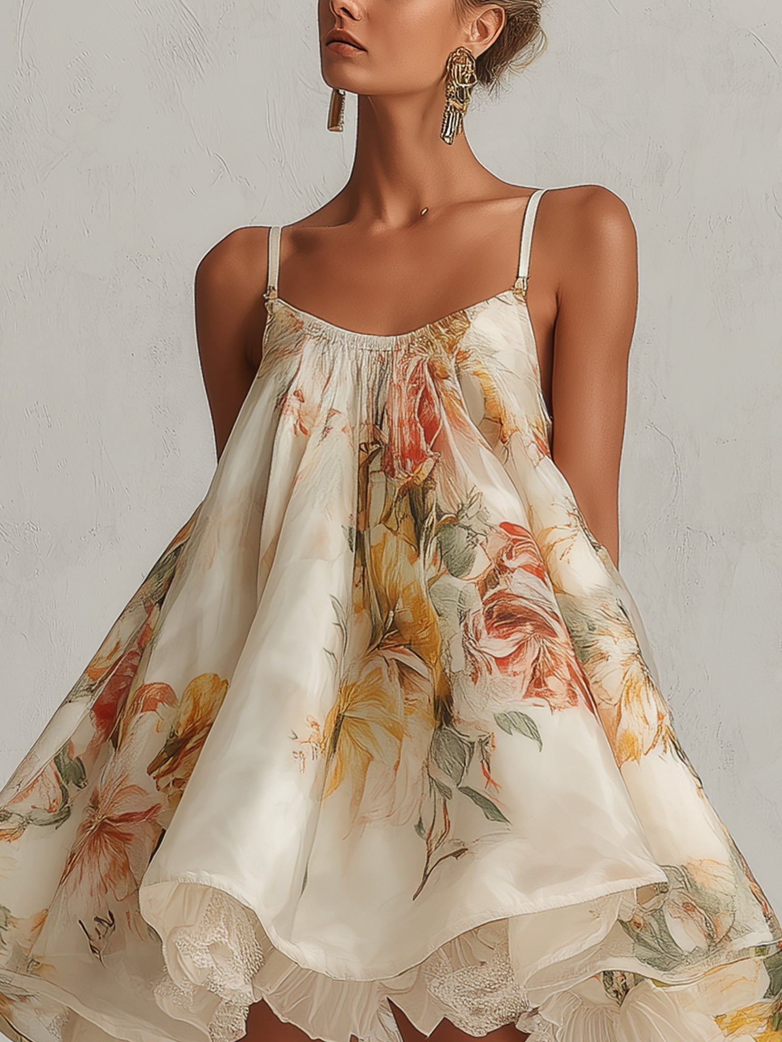 Blanche - robe mini trapèze en organza fleurie beige pour femme - vue 3