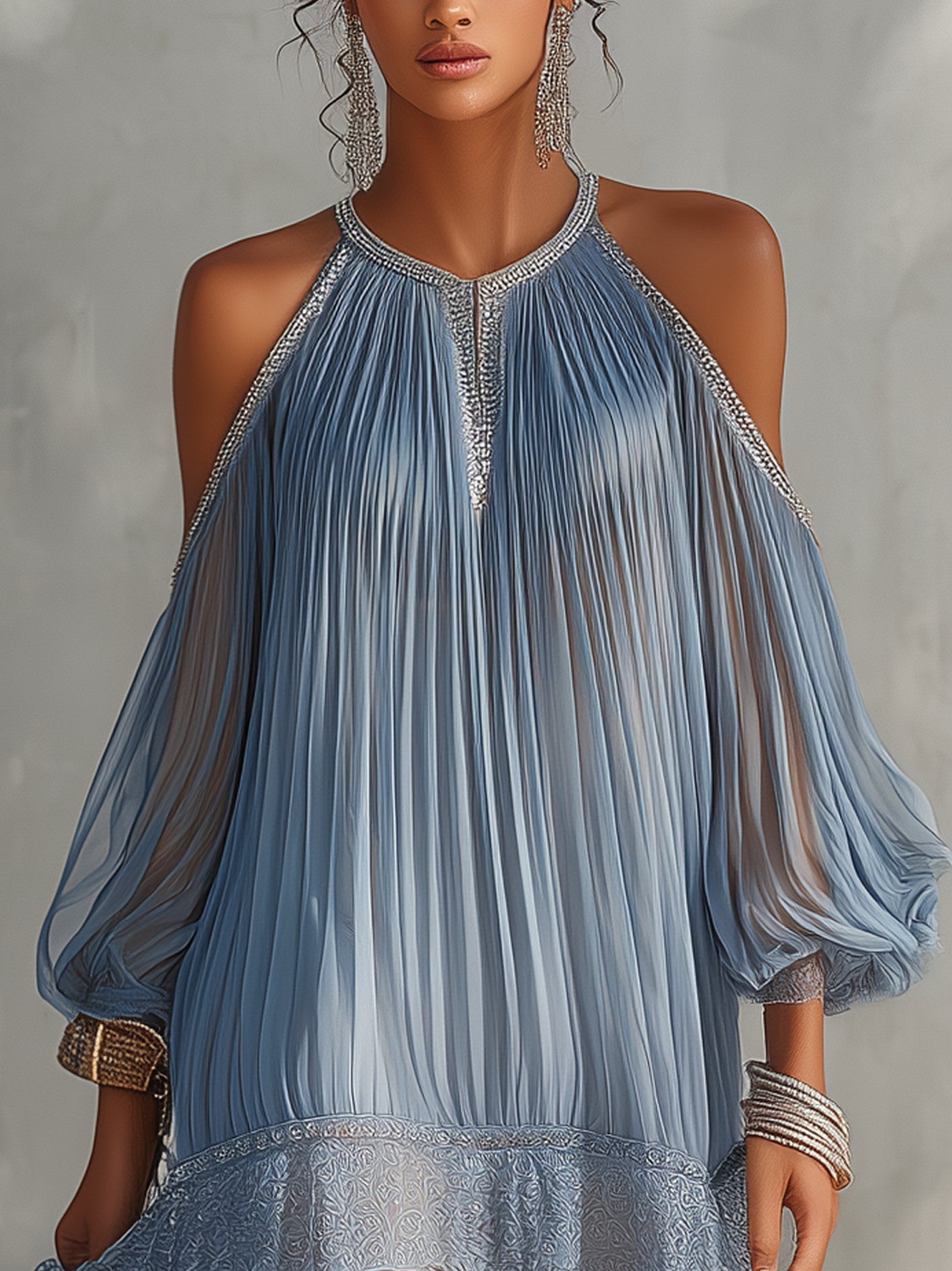 Séraphine - robe mini bleue à épaules dénudées et ourlet en dentelle pour femme - vue 3