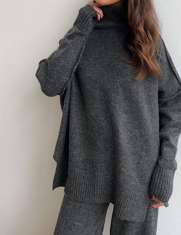 Aria Ensemble Loungewear Femme – Set Tricot Doux à Col Montant & Pantalon Large