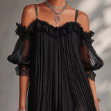 Camille - robe mini en mousseline noire à épaules dénudées pour femme - vue 4