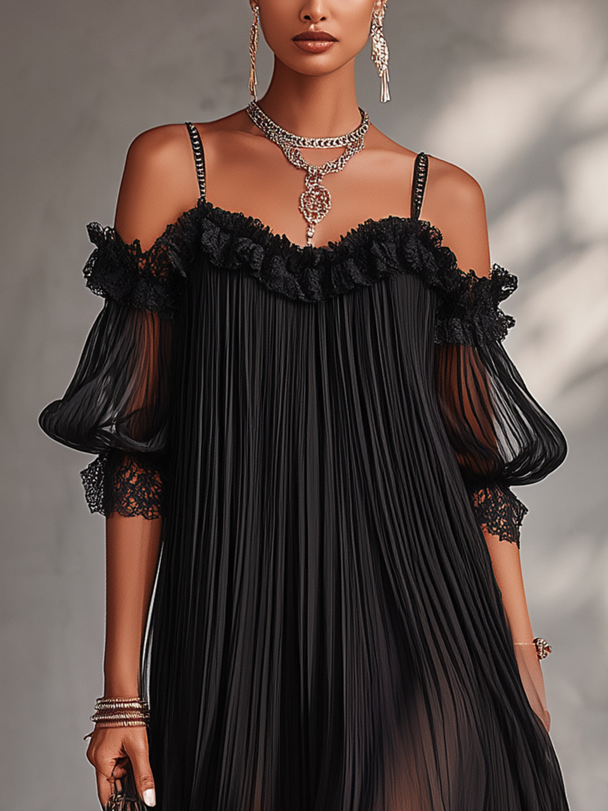 Camille - robe mini en mousseline noire à épaules dénudées pour femme - vue 4