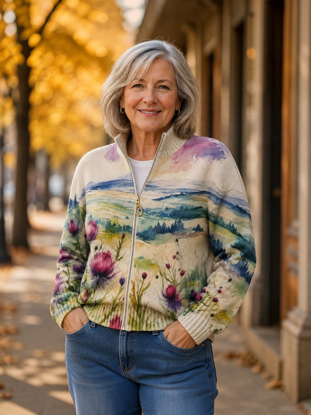 Heike : gilet avec motif de chardon et paysage, vue détaillée
