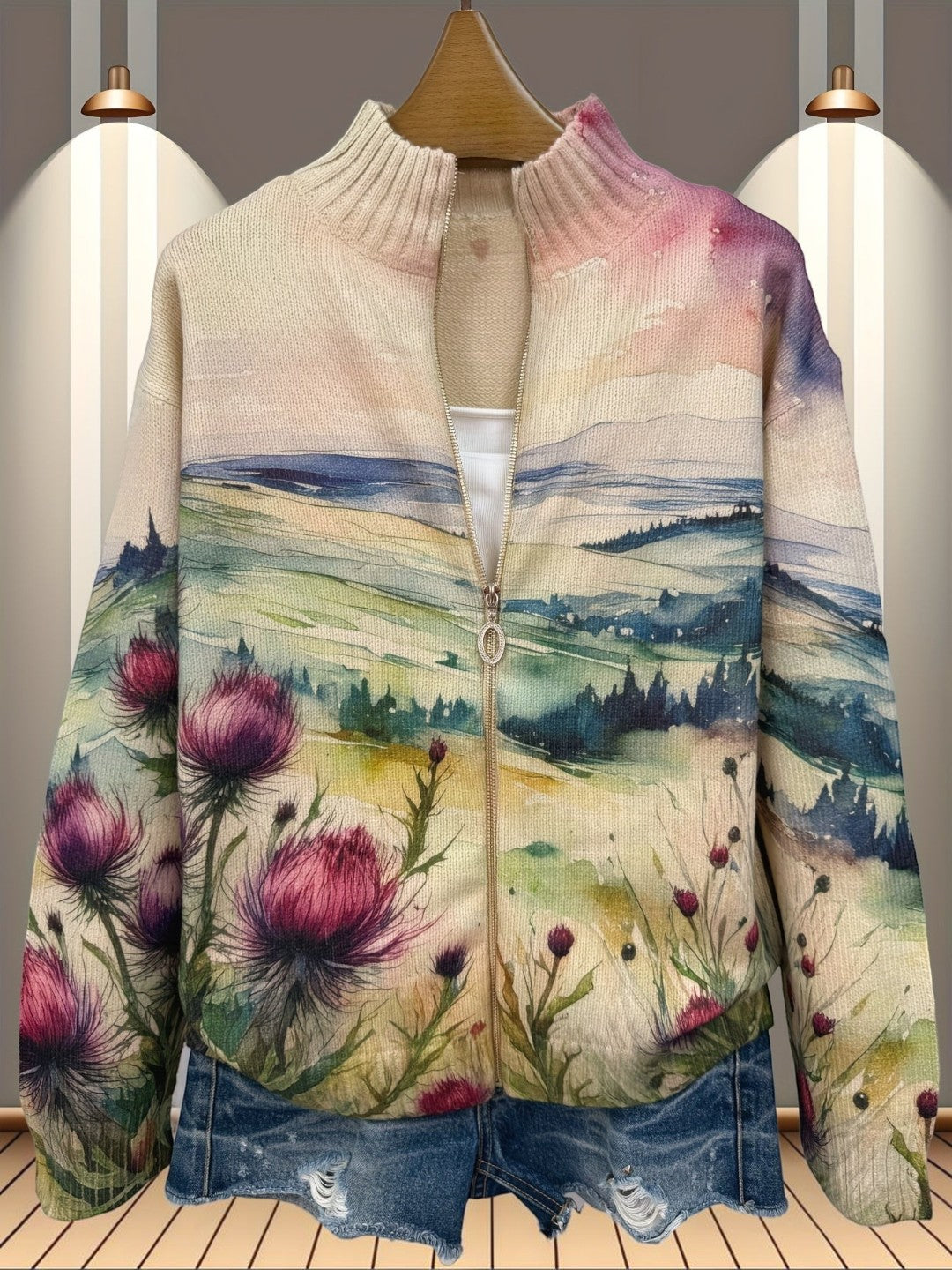 Heike : gilet avec motif de chardon et paysage, gros plan