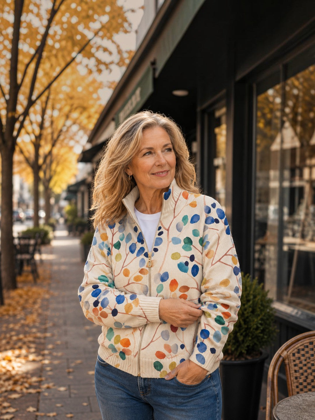 Anja : gilet avec motif de feuilles colorées, vue détaillée