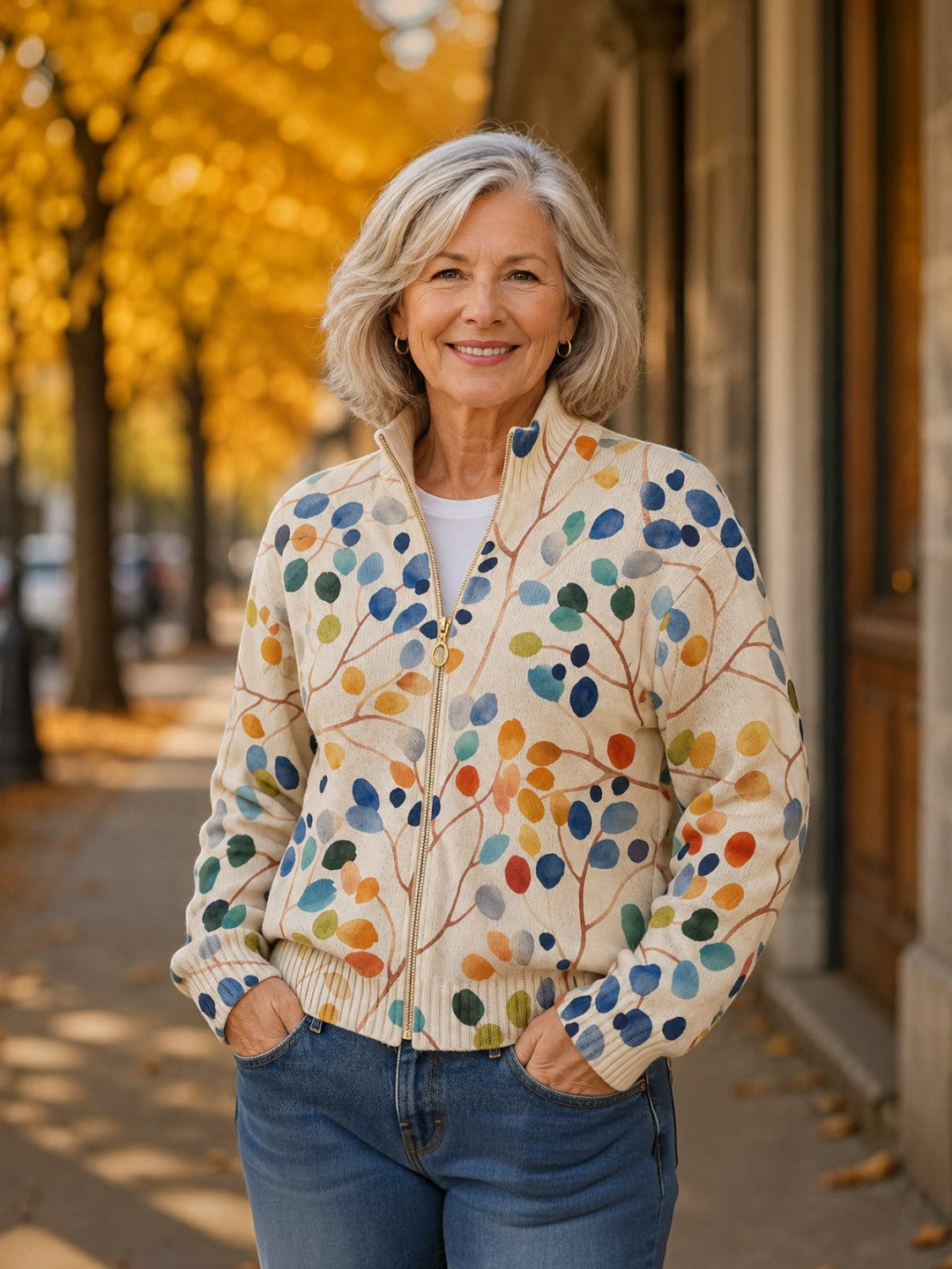 Anja - gilet avec motif de feuilles colorées, autre vue