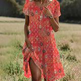 Aria Robe Midi Femme – Robe Orange à Manches Courtes, Col Rond & Confort Élégant