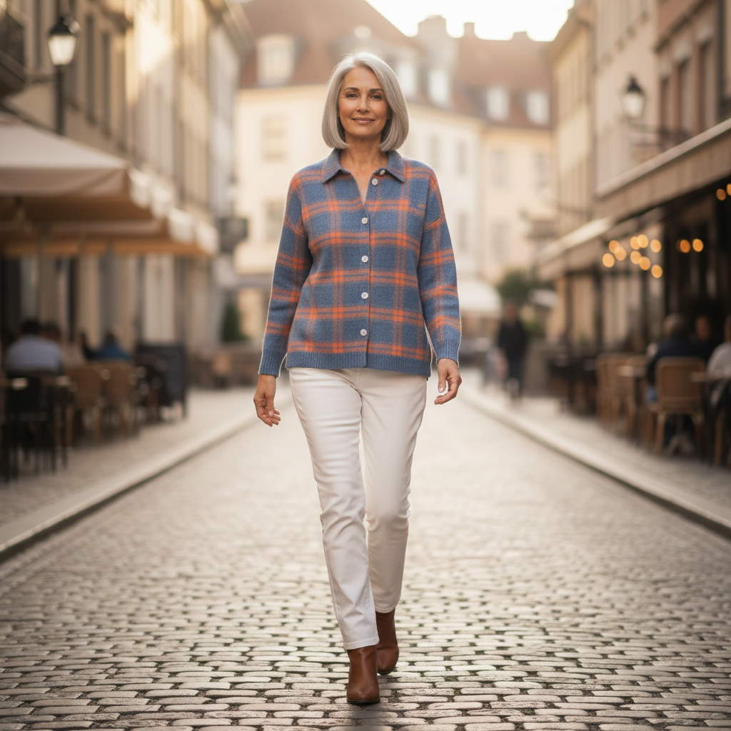 Adrienne | Gilet en tricot à carreaux bleu - en extérieur