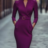 Nora | Robe noire raffinée avec ceinture et col mandarin