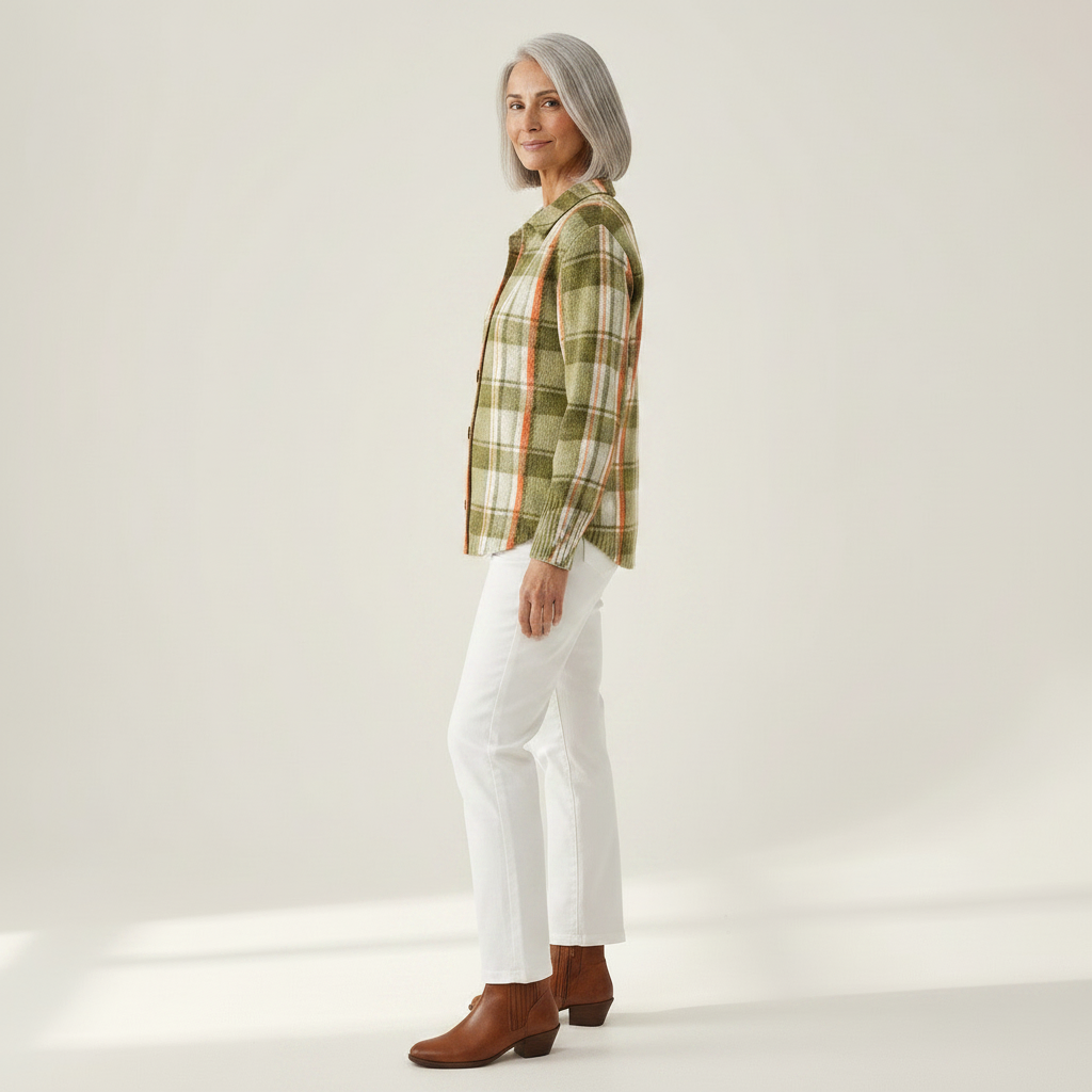Aurore | Gilet en tricot à carreaux olive avec boutons - vue de profil