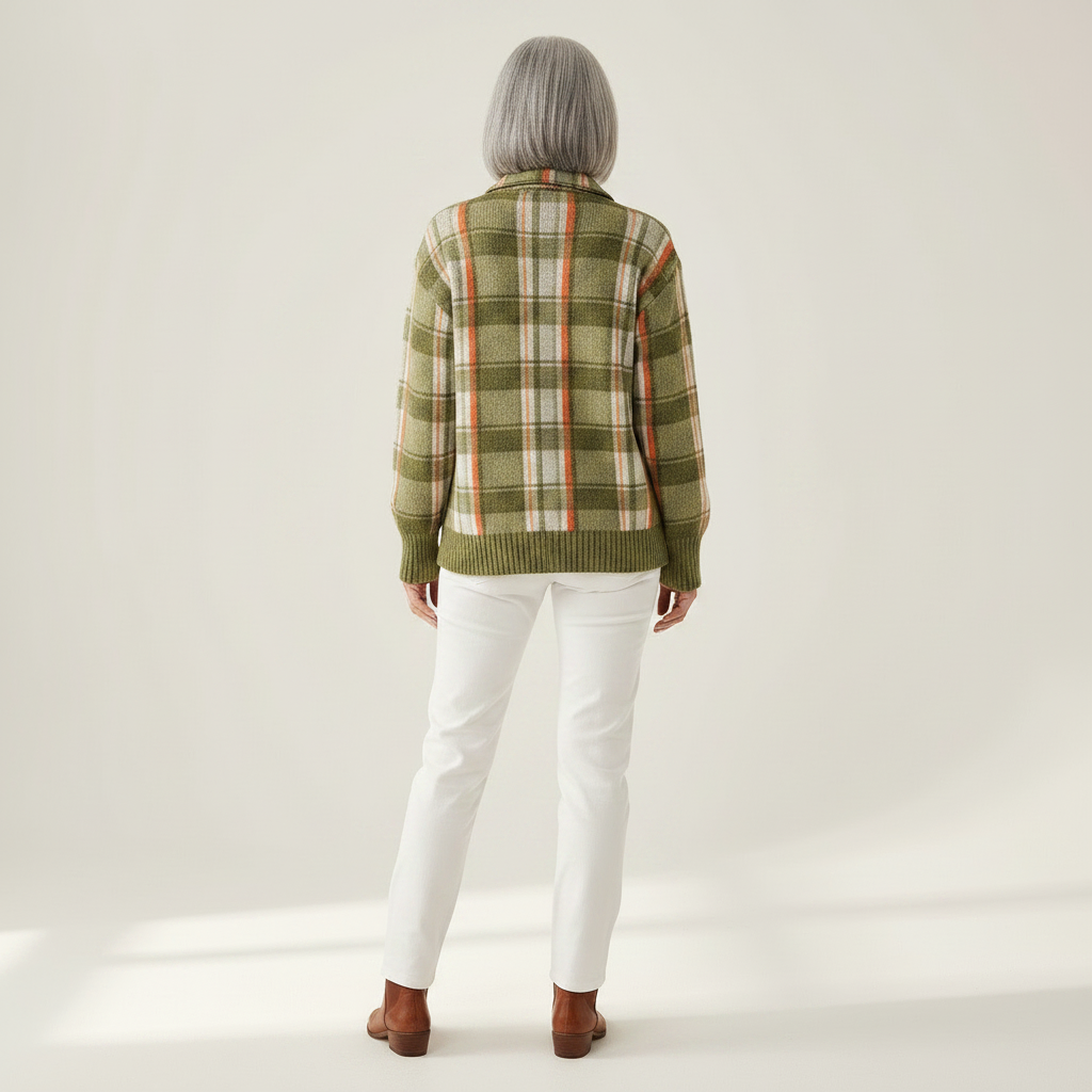 Aurore | Gilet en tricot à carreaux olive avec boutons - vue de dos