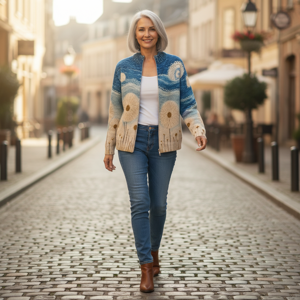 Renate | Gilet avec motif de pissenlit - porté en extérieur