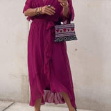 Robe Femme Cristi – Élégante Robe Portefeuille avec Manches Chauve-Souris & Ourlet Asymétrique