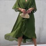 Robe Femme Cristi – Élégante Robe Portefeuille avec Manches Chauve-Souris & Ourlet Asymétrique