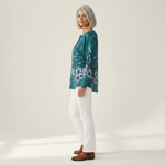 Yolande - Pull turquoise à fleurs - détail du tissu