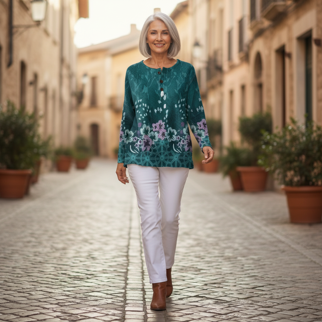 Yolande - Pull turquoise à fleurs - autre angle