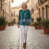 Yolande - Pull turquoise à fleurs - autre angle