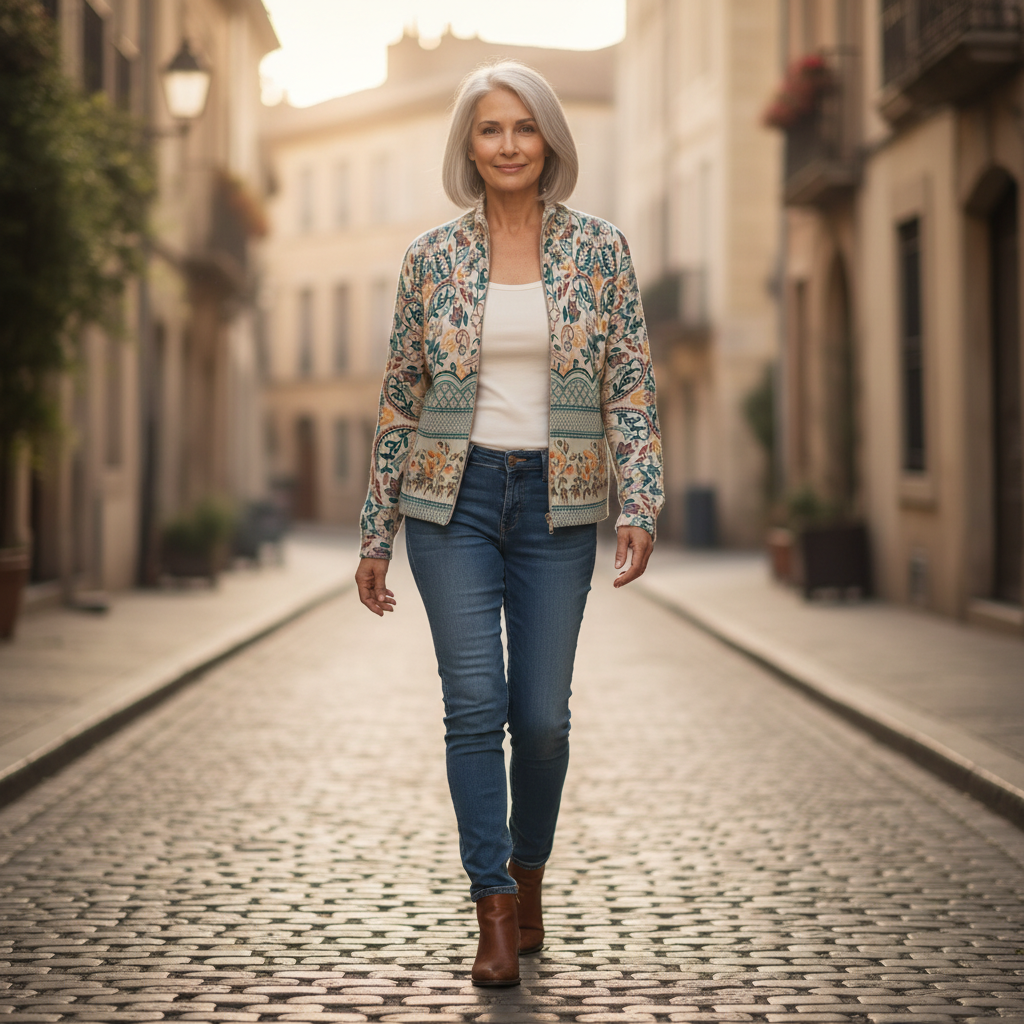 Gisela | Cardigan avec bordure florale - porté en extérieur