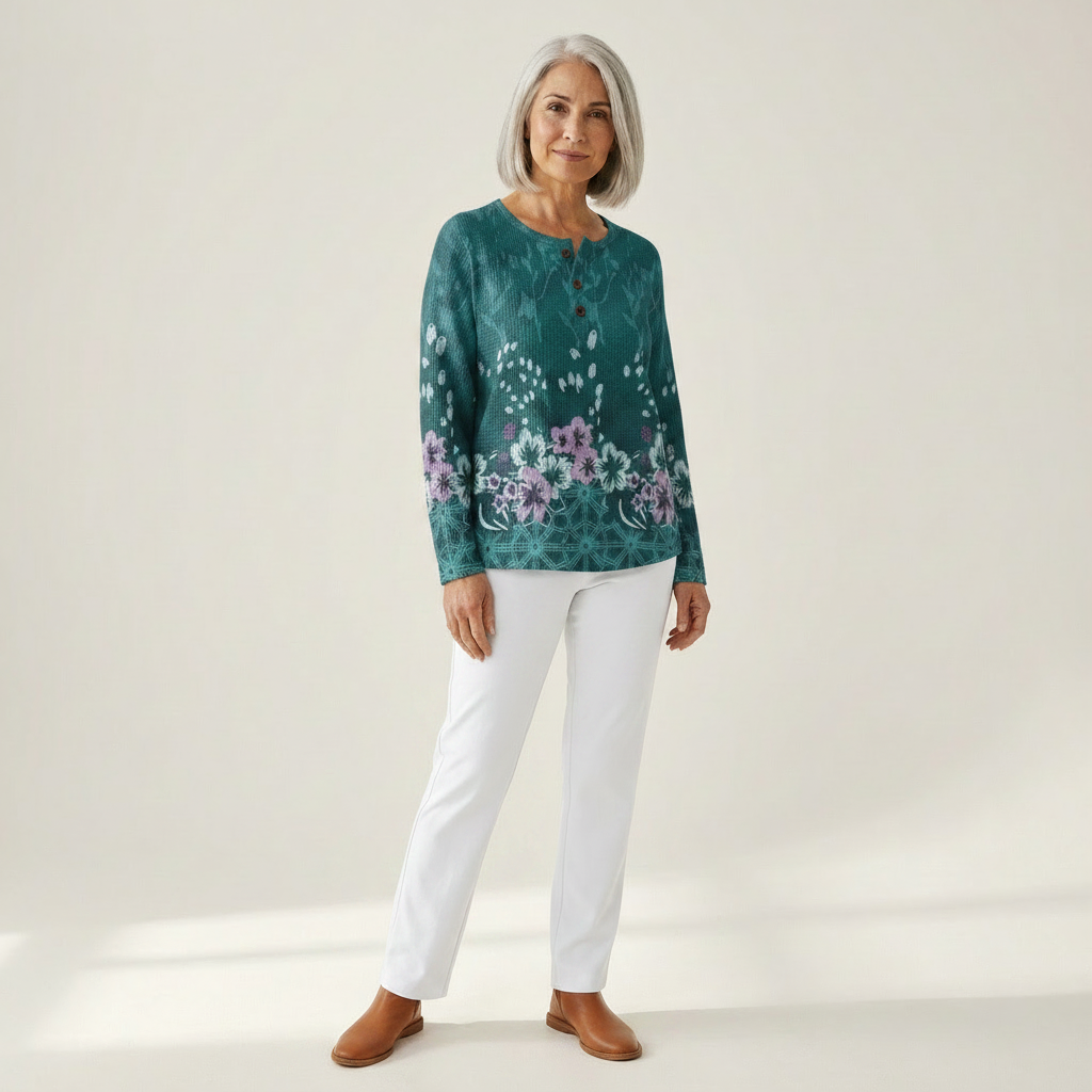 Yolande - Pull turquoise à fleurs - vue rapprochée
