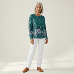 Yolande - Pull turquoise à fleurs - vue rapprochée