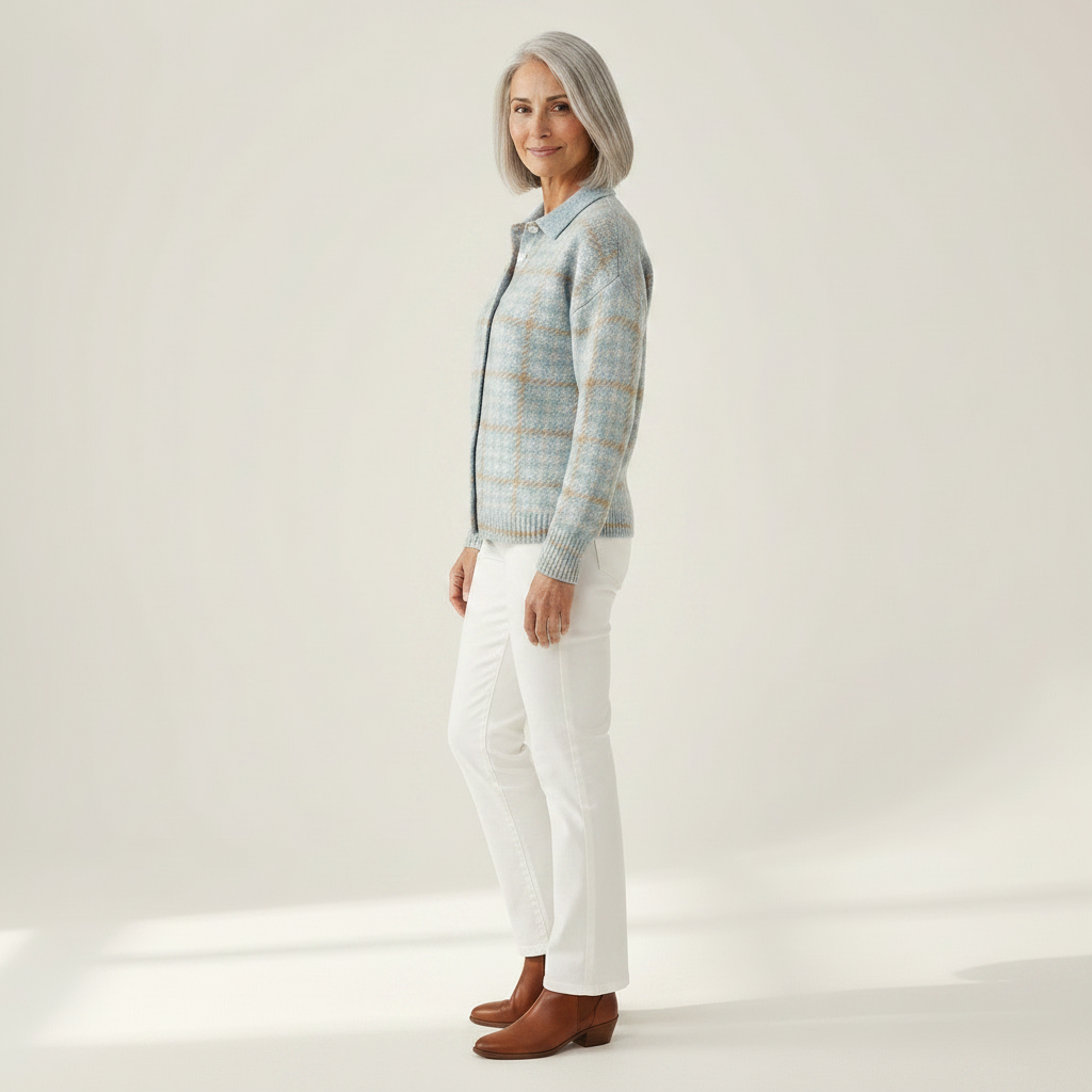 Clara | Gilet à carreaux bleu ciel avec boutons - vue de profil