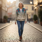 Martina | Gilet avec motif de plume de paon - porté en extérieur