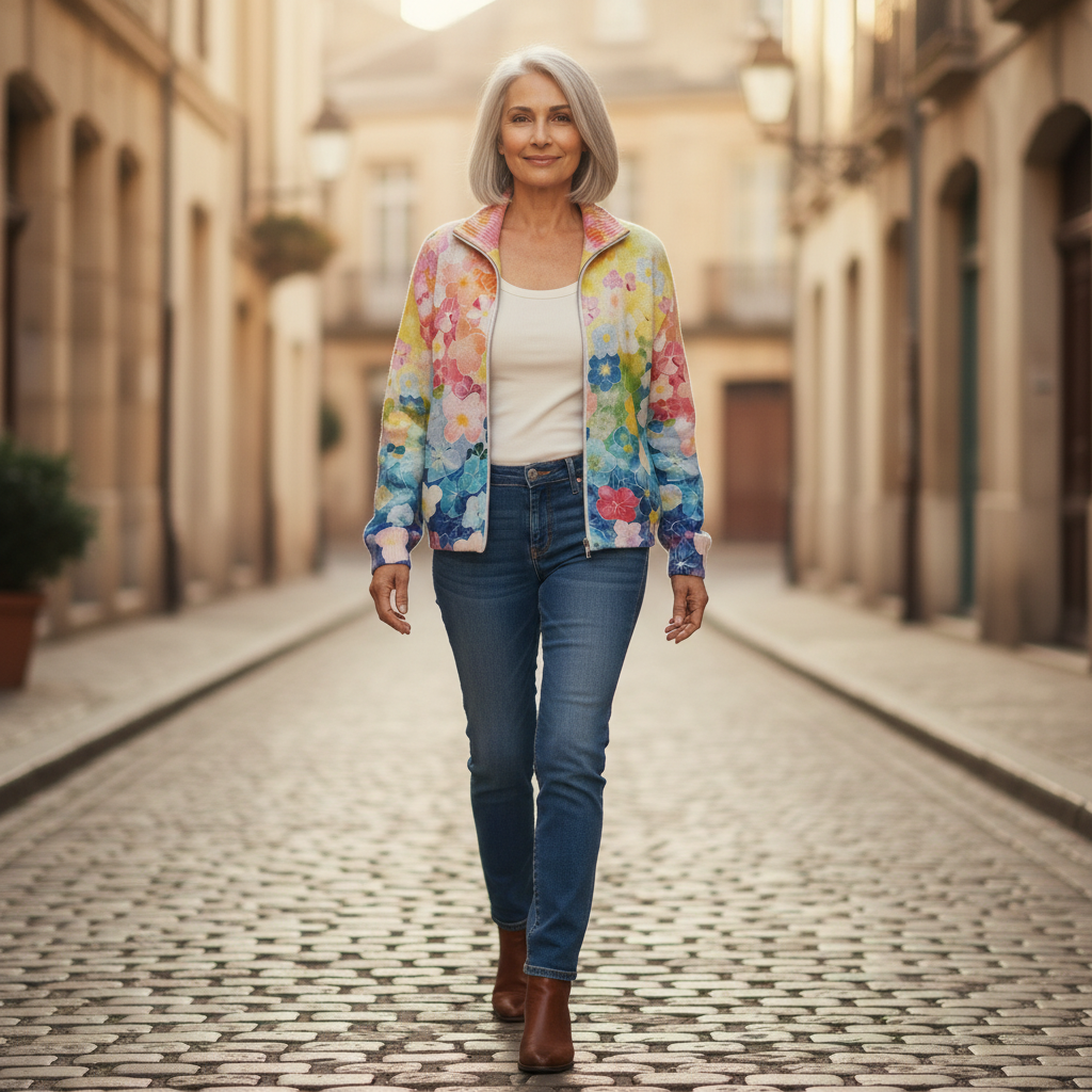 Ursula | Gilet avec motif floral aquarelle - porté en extérieur