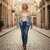Ursula | Gilet avec motif floral aquarelle - porté en extérieur