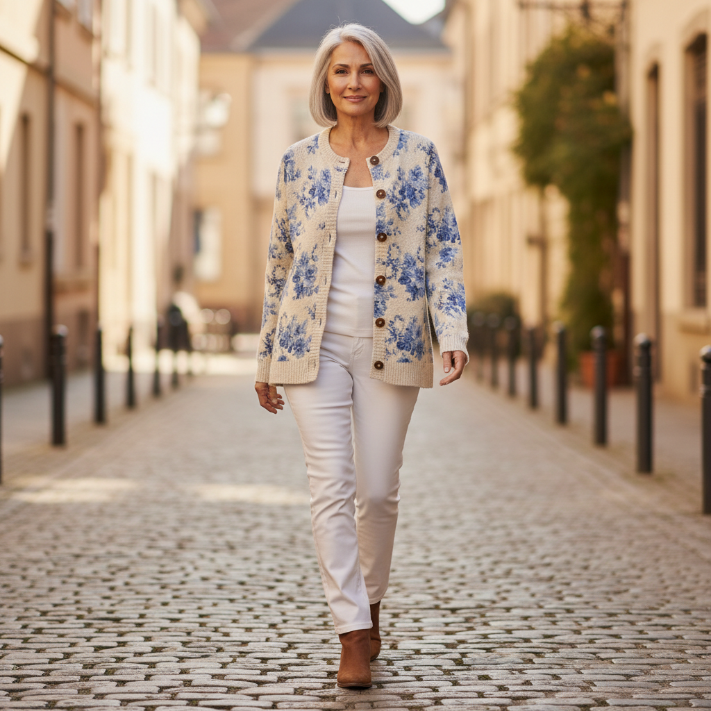 Renaya | Cardigan en maille vintage pour femme - porté en extérieur