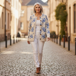 Renaya | Cardigan en maille vintage pour femme - porté en extérieur