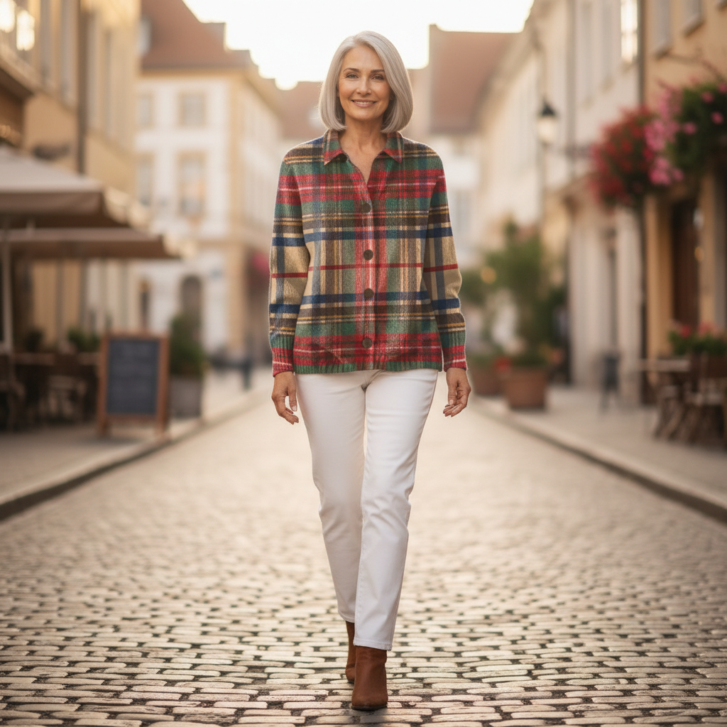 Gloria | Gilet à carreaux multicolore avec boutons - en extérieur