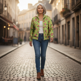 Elke | Gilet vert avec motif floral - porté en extérieur