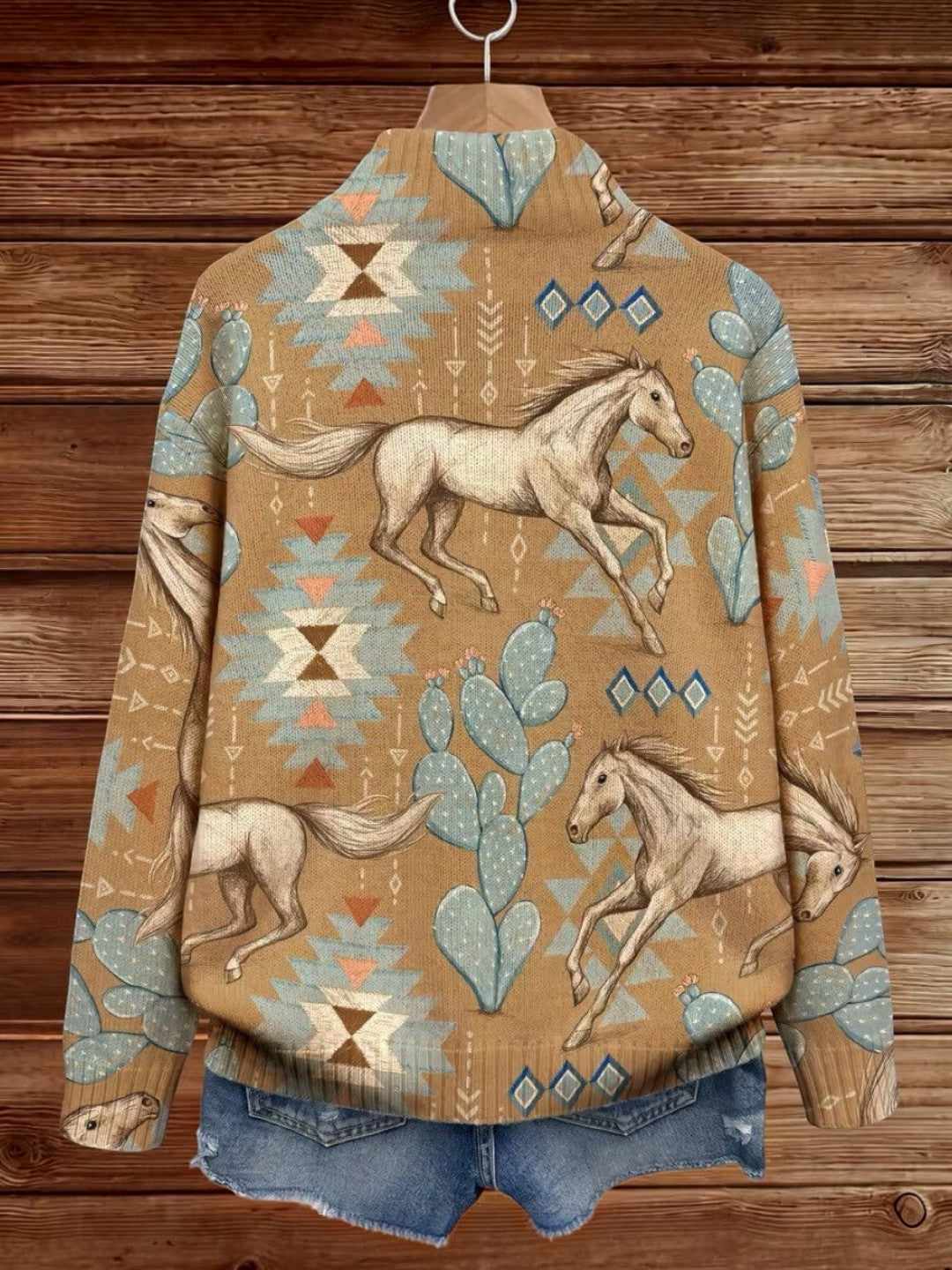 Brigitte - veste en tricot avec motif de chevaux et de cactus, détail de la finition