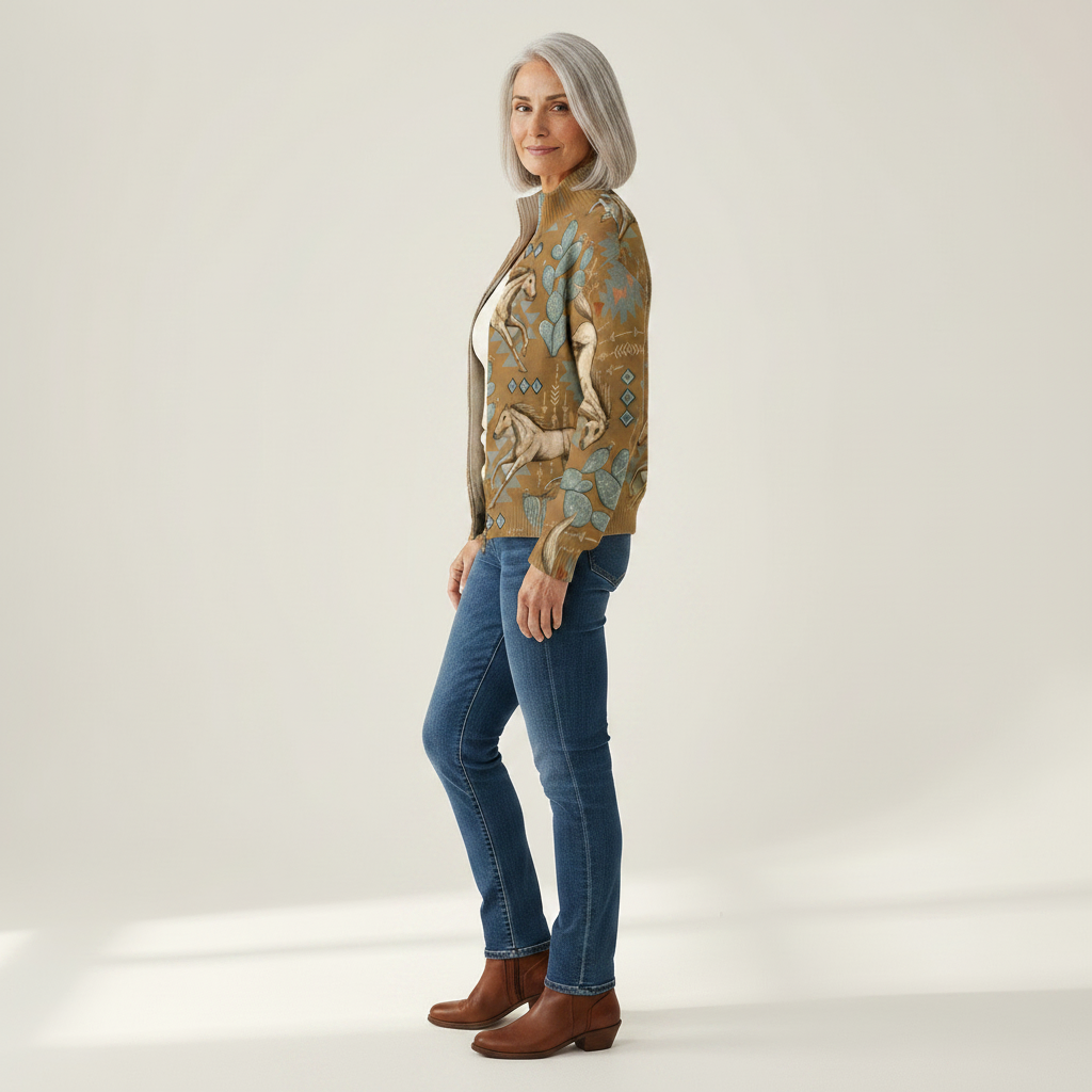 Brigitte | Veste en tricot avec motif de chevaux et de cactus - vue de profil