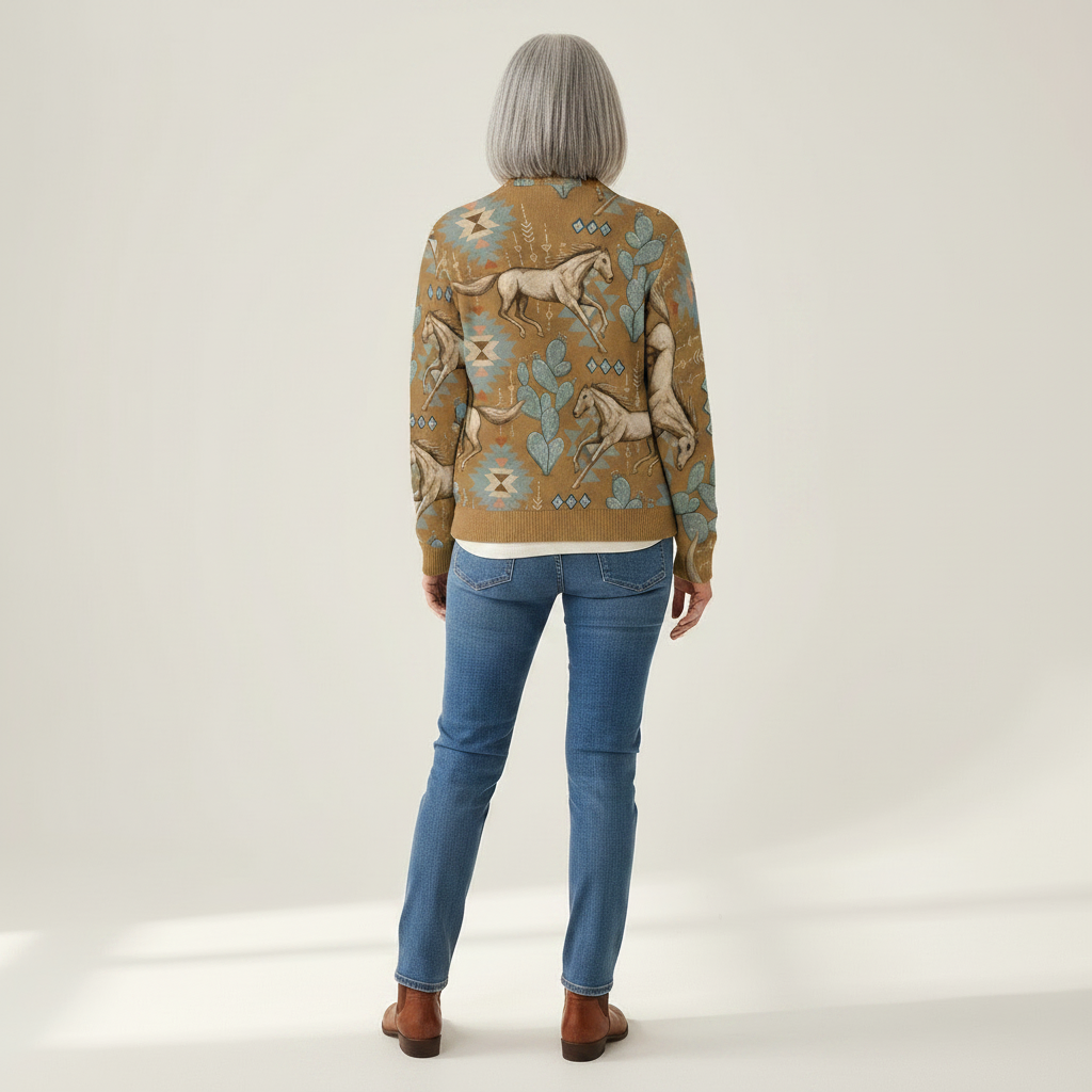 Brigitte | Veste en tricot avec motif de chevaux et de cactus - vue de dos