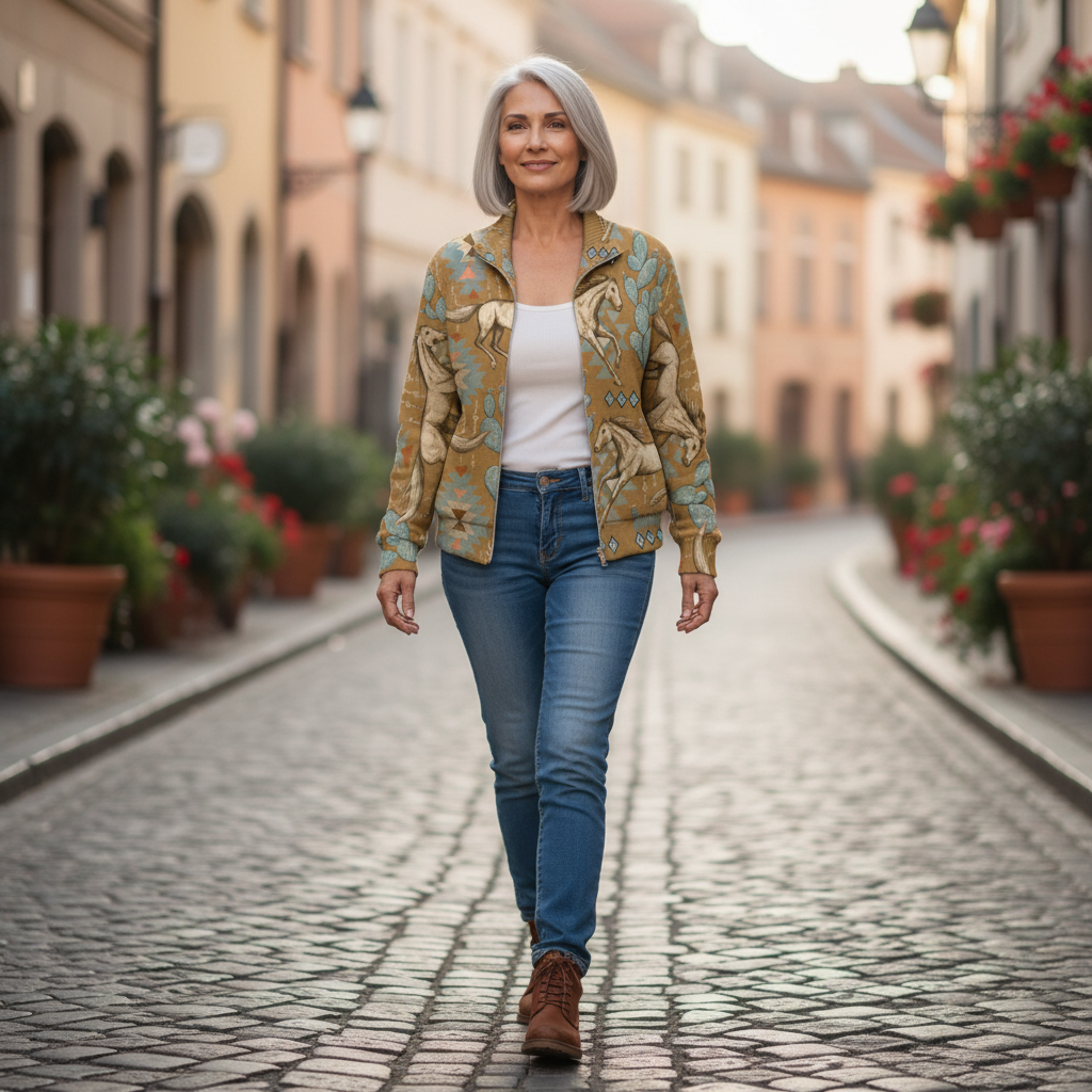 Brigitte | Veste en tricot avec motif de chevaux et de cactus - porté en extérieur