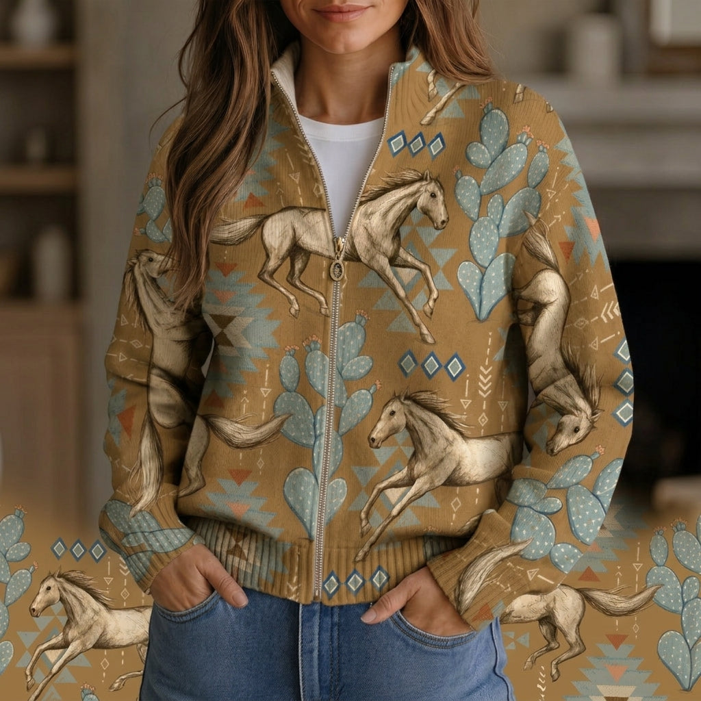 Brigitte | Veste en tricot avec motif de chevaux et de cactus - AMORA MODE